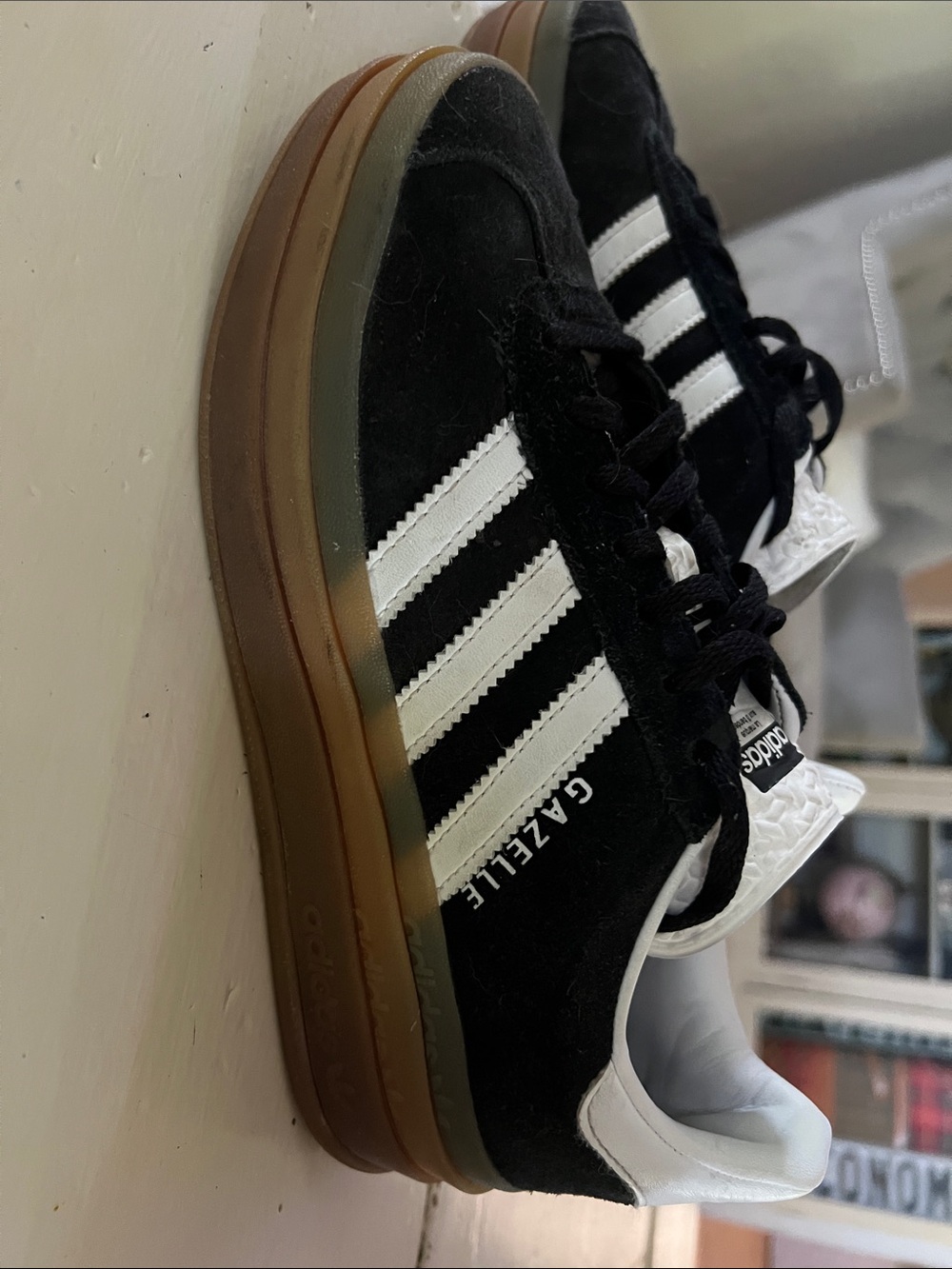 adidas Gazelle Black & White Suede Sneakers with Gum Sole platform - Picture 2 of 7